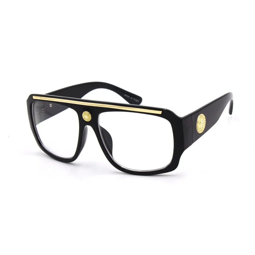 Mens Oversized Square Aviator Glasses Black Gold Flat Top Clear Lens Fashion NEW